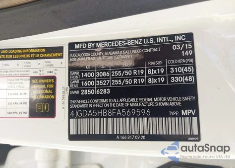 2015 Mercedes-Benz Ml 350 4Matic z USA, uszkodzony, nr VIN 4JGDA5HB8FA569596